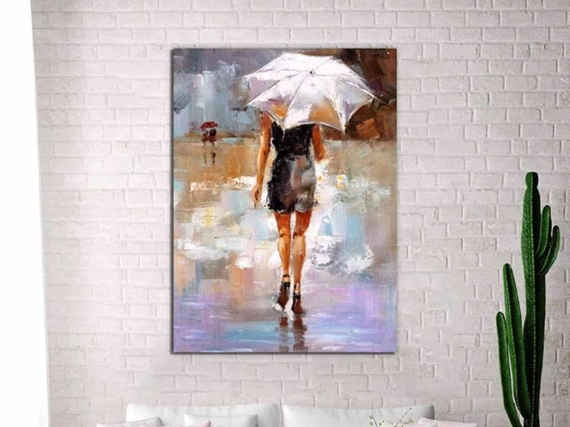 Yeni Stil Sanat Kanvas Tablo 50x70cm Şemsiyeli Kız - Yağlı Boya Efektli Kanvas Tablo