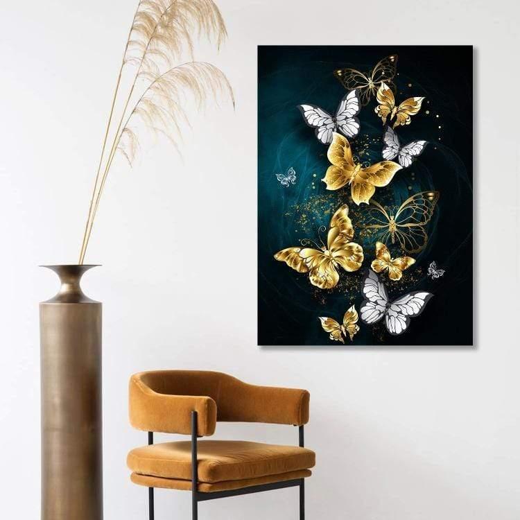 Yeni Stil Sanat Sim İşlemeli Tablolar 50x70 cm Golden Butterfly - Simli Kanvas Tablo Altın Sim İşlemeli Kanvas Tablo